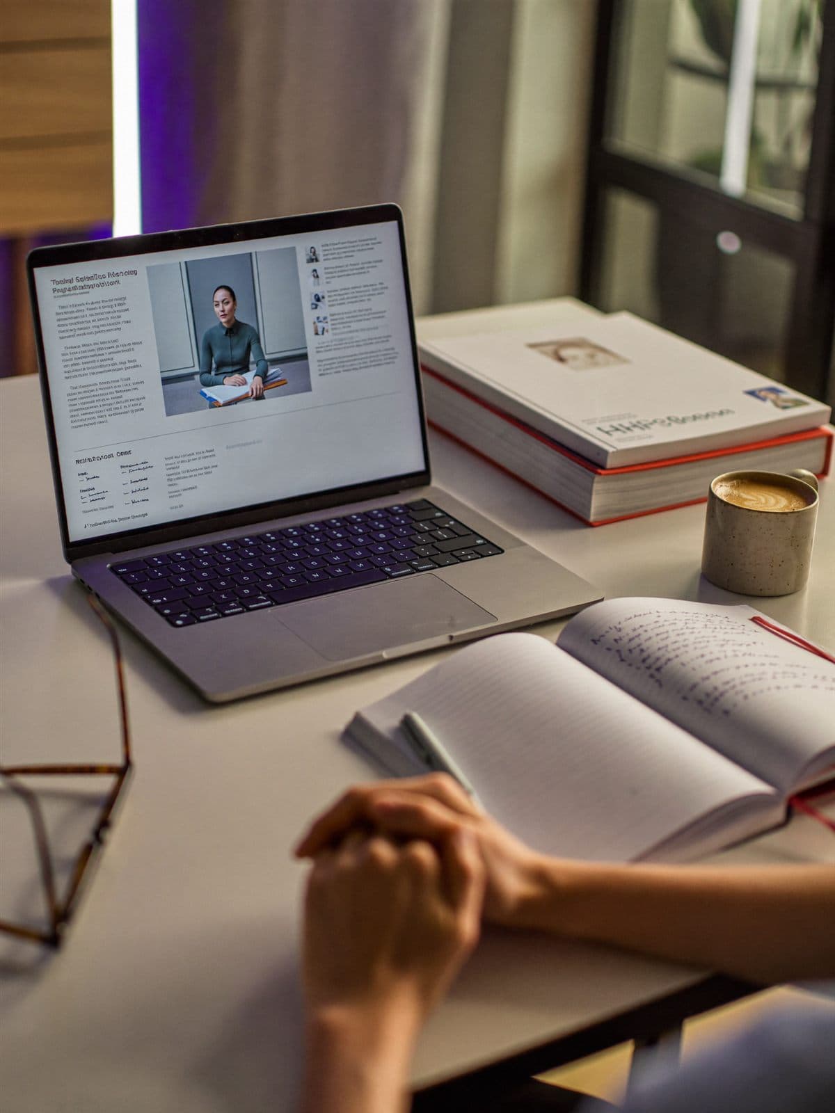 A learner taking an online lesson at a desk with notes and a laptop